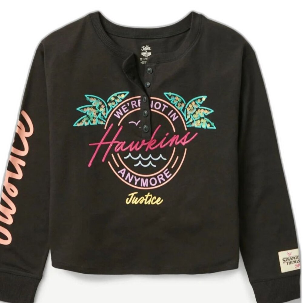 Justice Girls Stranger Things Long Sleeve Henley Shirt Black Graphic NWT XL